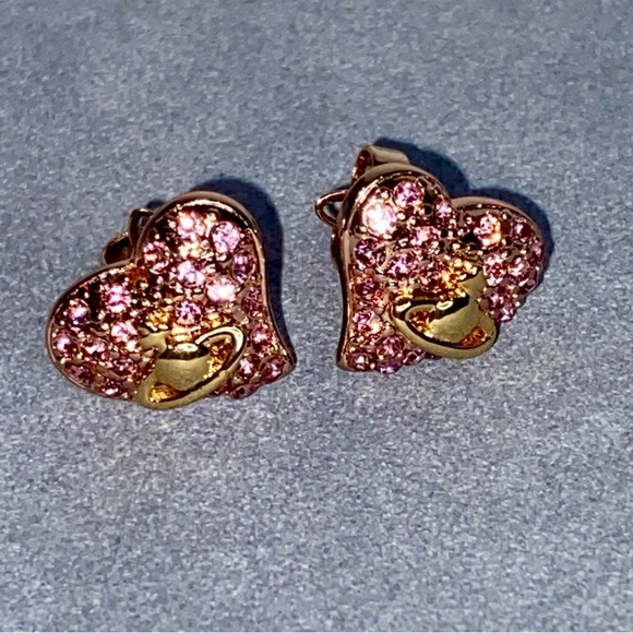 Vivienne Westwood Timy Diamante Heart Earrings Pink and Gold - Picture 10 of 16